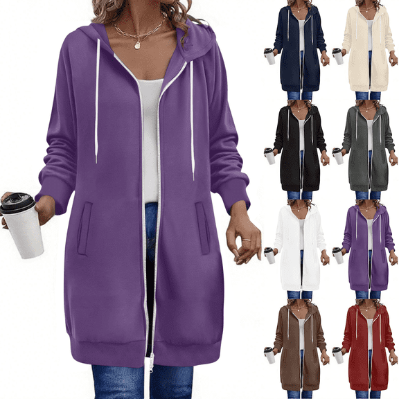 Long Hoodies for Women Double Zipper Fall Winter Drawstring Oversized Coat Jacket Sweatshirt with Pocket