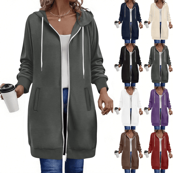 Long Hoodies for Women Double Zipper Fall Winter Drawstring Oversized Coat Jacket Sweatshirt with Pocket