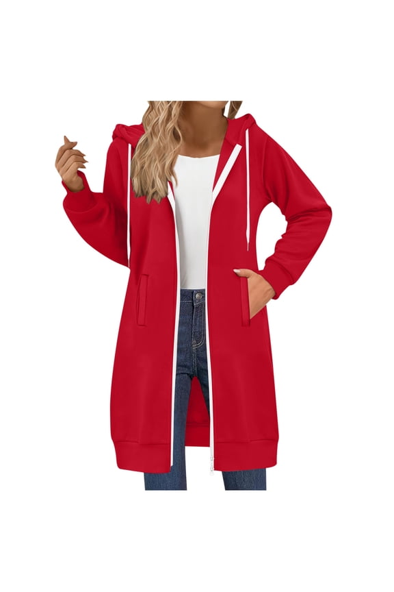 Long Hoodies for Women Full Zip Baggy Lightweight Hooded Tunic Sweatshirt Jacket Fall Casual Fashion Clothes (2XL, Red|Hood)