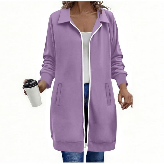 Long Hoodies for Women Full Zip Baggy Lightweight Hooded Tunic Sweatshirt Jacket Fall Casual Fashion Clothes (L, Purple|Lapel)
