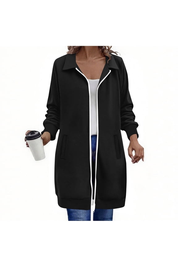 Long Hoodies for Women Full Zip Baggy Lightweight Hooded Tunic Sweatshirt Jacket Fall Casual Fashion Clothes (XL, Black|Lapel)