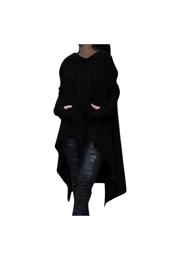 Long Hoodies for Women Irregular High Low Hem Gothic Style Sweatshirt with Pocket Drawstring Plain Pullovers (2XL, Black)