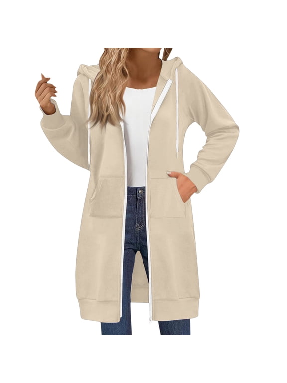 Long Hoodies for Women Oversized Hoodies Zip Up Fleece Tunic Sweatshirt Comfortable Casual Jackets with Pockets Beige M
