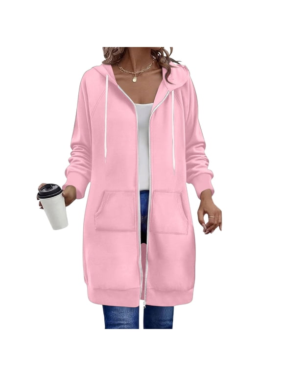 Long Hoodies for Women Oversized Hoodies Zip Up Fleece Tunic Sweatshirt Lightweight Fall Jacket Coat with Pockets Pink 2XL