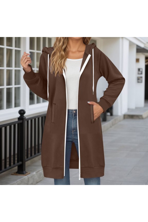 Long Hoodies for Women Zip Up Double Zipper Fleece Jacket (Coffee XXL)