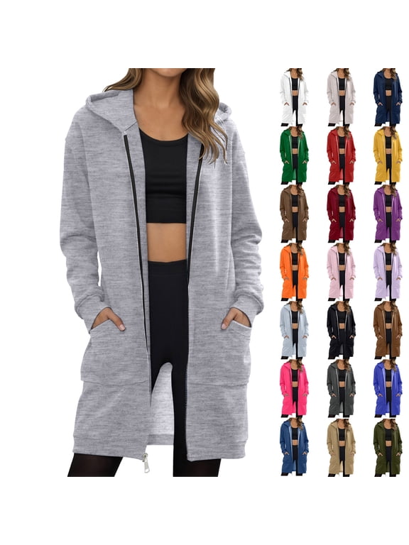 Long Hoodies for Women Zip Up Double Zipper Fleece Jacket Tunic Sweatshirts Fall Winter Fashion Clothes