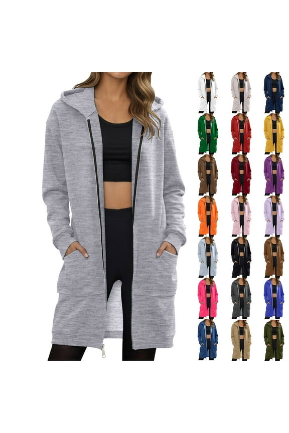 Long Hoodies for Women Zip Up Double Zipper Fleece Jacket Tunic Sweatshirts Fall Winter Fashion Clothes