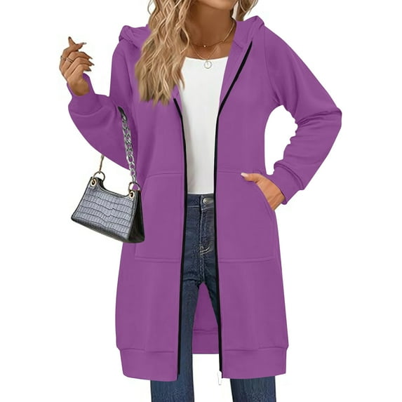 Long Hoodies for Women Zip Up Fleece Oversized Long Sleeve Sweatshirt Winter Warmy Hoodie Dress with Pockets Dark Purple S