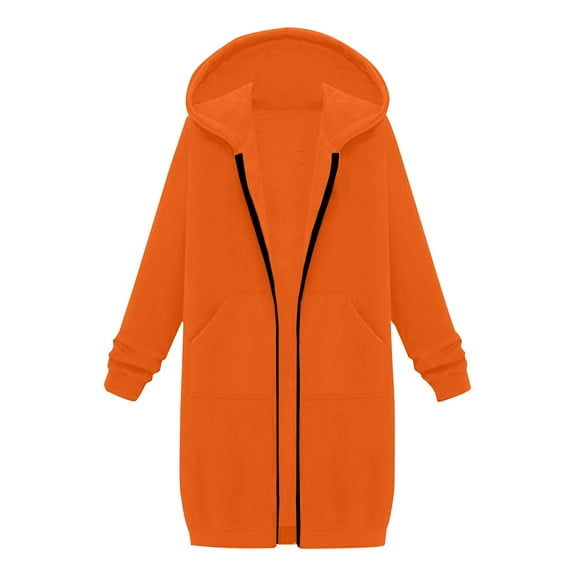Long Hoodies for Women Zip Up Fleece Oversized Long Sleeve Sweatshirt Winter Warmy Hoodie Dress with Pockets Orange 2XL