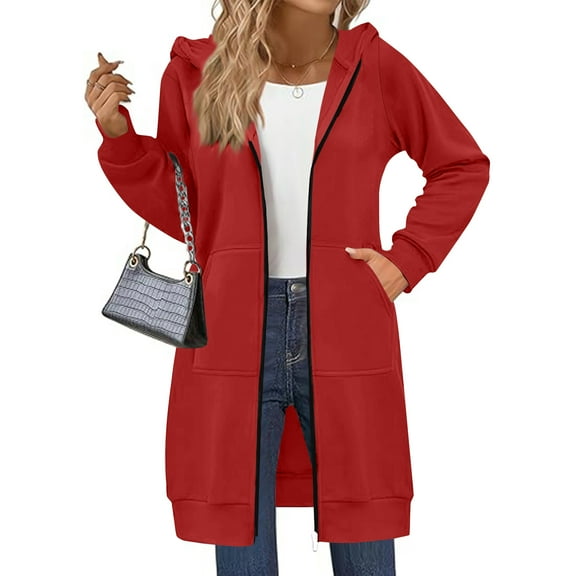 Long Hoodies for Women Zip Up Fleece Oversized Long Sleeve Sweatshirt Winter Warmy Hoodie Dress with Pockets Red XL