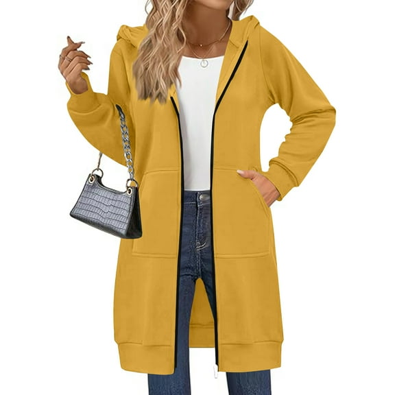Long Hoodies for Women Zip Up Fleece Oversized Long Sleeve Sweatshirt Winter Warmy Hoodie Dress with Pockets Yellow XL