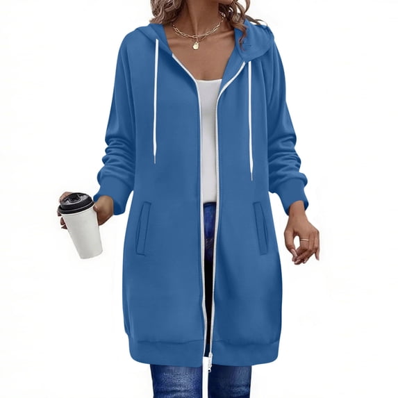 Long Hoodies for Women Zip up Double Zipper Fleece Jacket Sweatshirts Fall Winter Outwear Fashion Tunic Coats Blue S