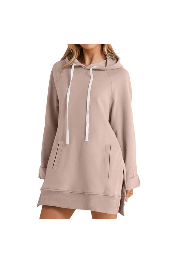 Long Hoodies for Women with Pocket Side Split Drawstring Loose Hooded Sweatshirt Mini Dress Plain Pullovers (M, Khaki)