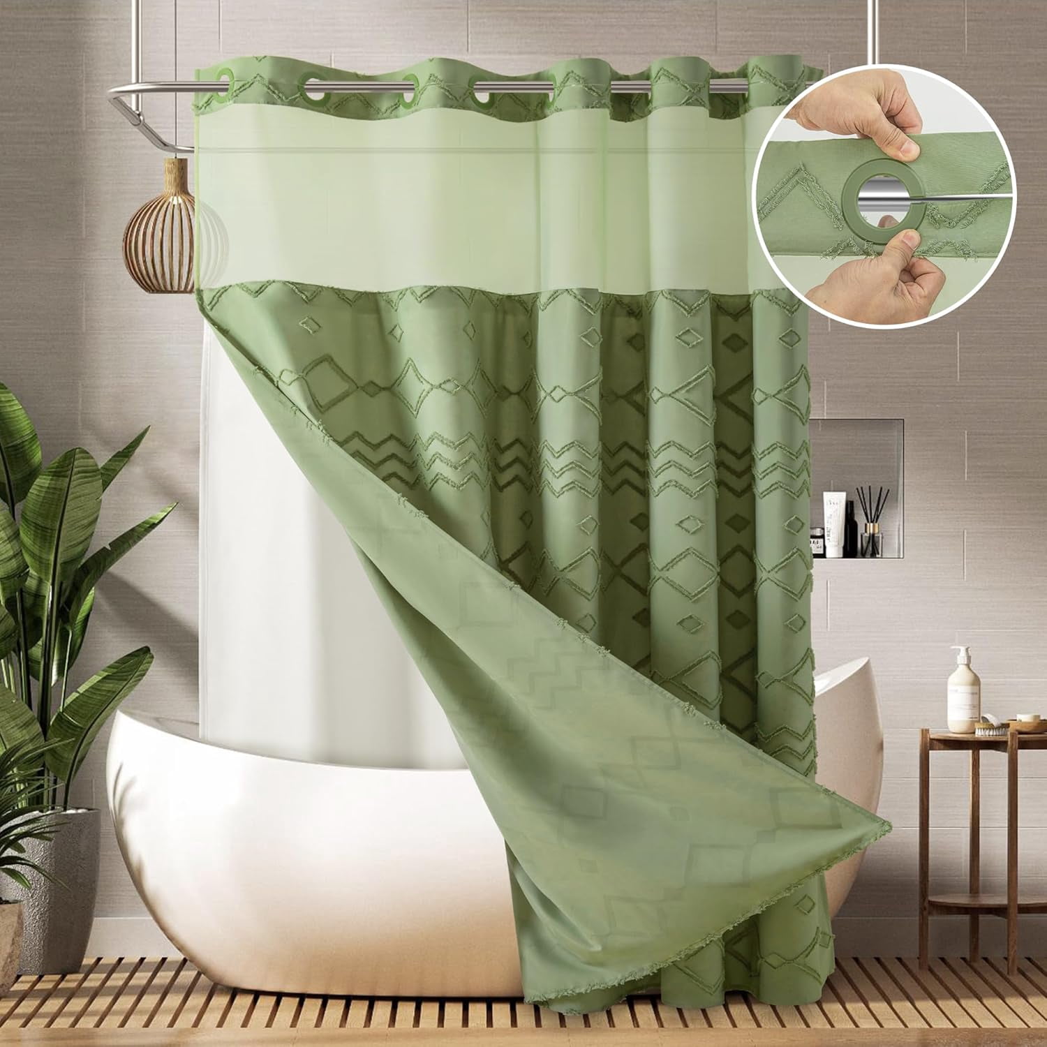 WONICY No Hook Shower Curtain Set - Tufted Chevron Boho Style With Snap-In Liner, 71x74 Inches, Black