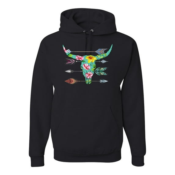 Long Horn Cow Skull Floral Mosaic Fashion Graphic Hoodie Sweatshirt, Black, Small