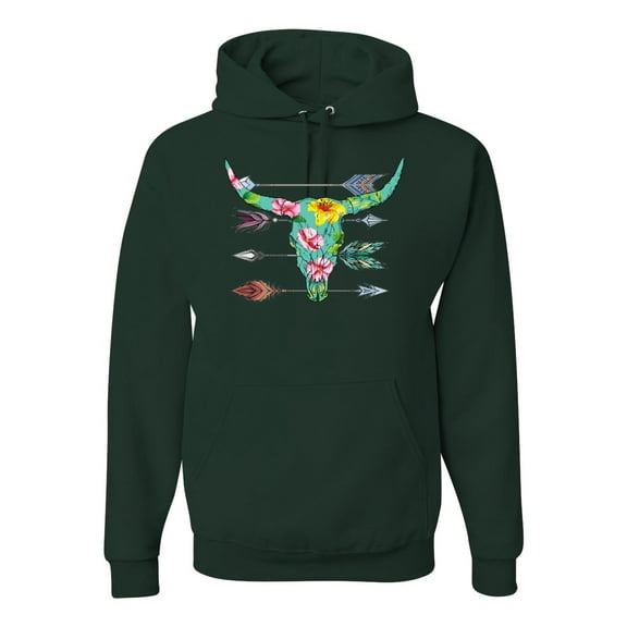 Long Horn Cow Skull Floral Mosaic Fashion Graphic Hoodie Sweatshirt, Forest Green, Large