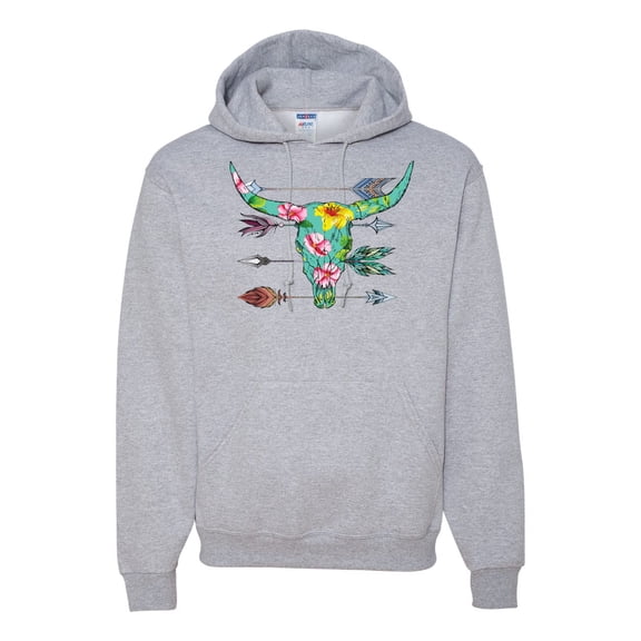 Long Horn Cow Skull Floral Mosaic Fashion Graphic Hoodie Sweatshirt, Heather Grey, Medium