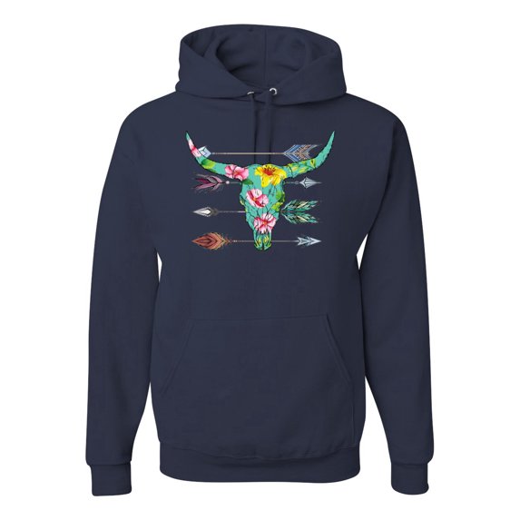 Long Horn Cow Skull Floral Mosaic Fashion Graphic Hoodie Sweatshirt, Navy, Medium