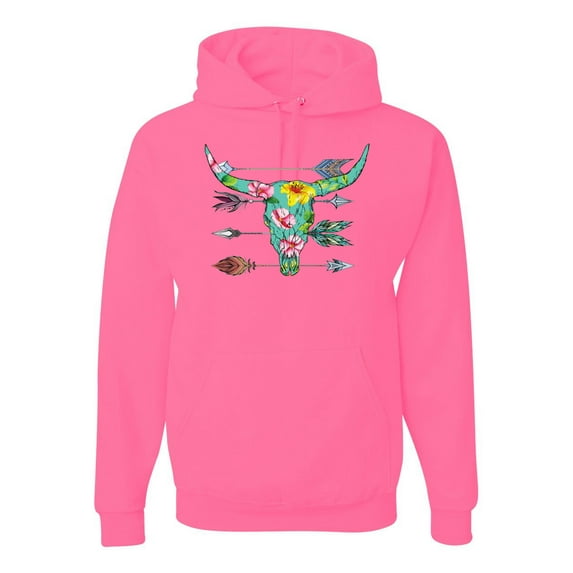 Long Horn Cow Skull Floral Mosaic Fashion Graphic Hoodie Sweatshirt, Neon Pink, 3XL