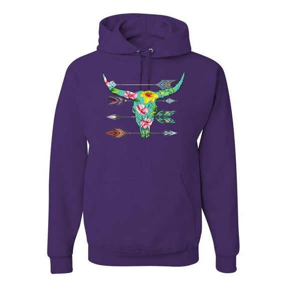 Long Horn Cow Skull Floral Mosaic Fashion Graphic Hoodie Sweatshirt, Purple, Large