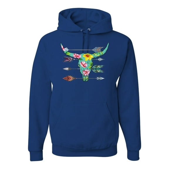 Long Horn Cow Skull Floral Mosaic Fashion Graphic Hoodie Sweatshirt, Royal, Large