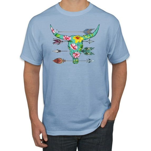 Long Horn Cow Skull Floral Mosaic Fashion Graphic T-Shirt, Light Blue, X-Large