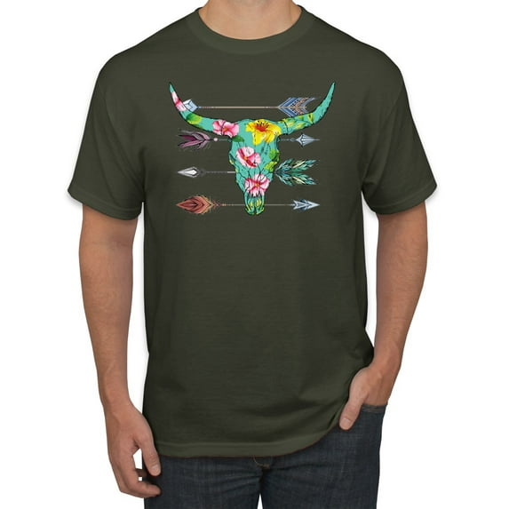 Long Horn Cow Skull Floral Mosaic Fashion Graphic T-Shirt, Military Green, Medium