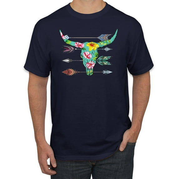 Long Horn Cow Skull Floral Mosaic Fashion Graphic T-Shirt, Navy, 5XL