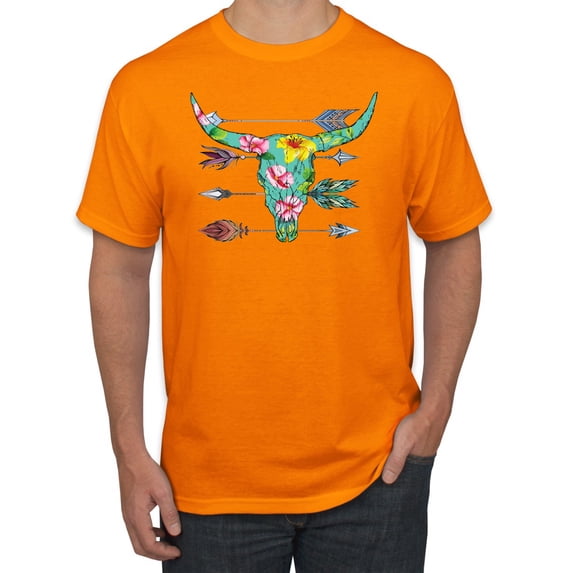 Long Horn Cow Skull Floral Mosaic Fashion Graphic T-Shirt, Orange, 4XL