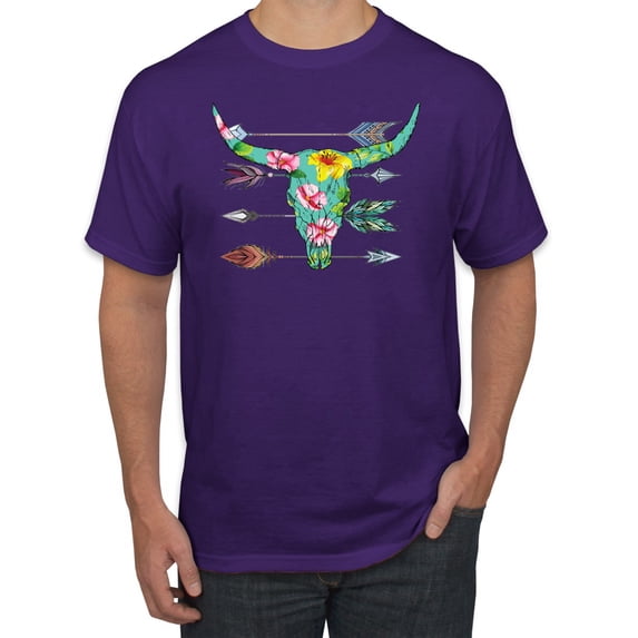 Long Horn Cow Skull Floral Mosaic Fashion Graphic T-Shirt, Purple, X-Large