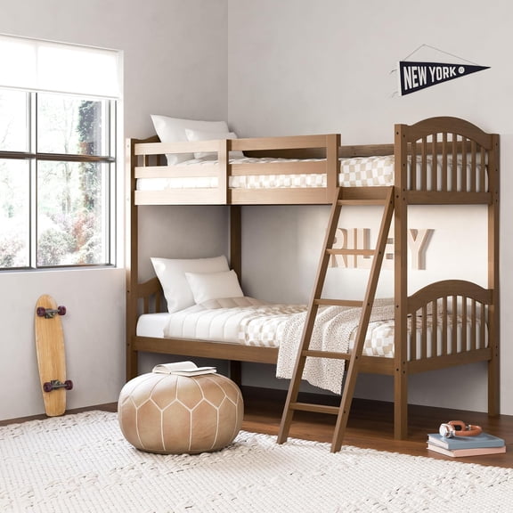 Long Horn Twin-Over-Twin Bunk Bed with Ladder, Convertible to Two Twin Beds, Hazelnut
