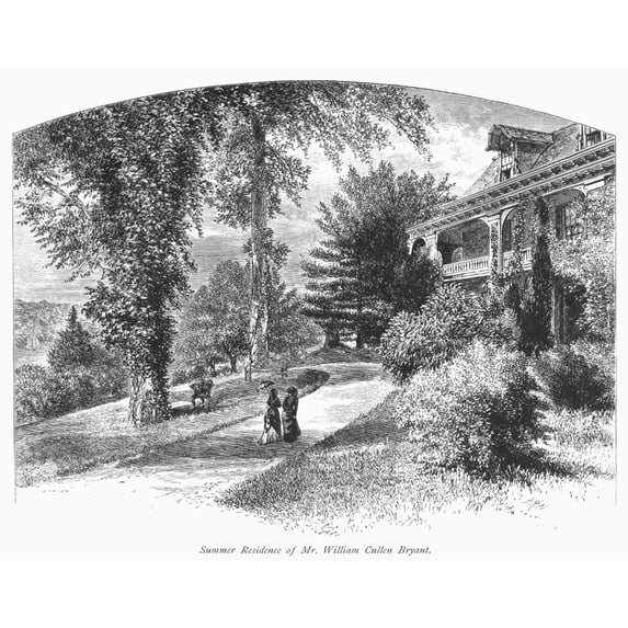 Long Island Summer Home. Nthe Summer Residence Of Poet William Cullen Bryant At Roslyn Long Island. Wood Engraving