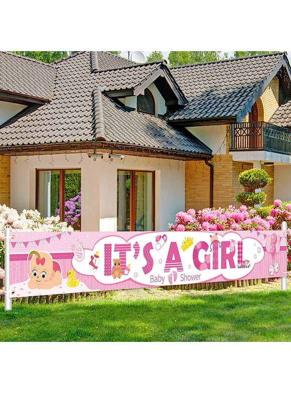 Long It's a Girl Banner for Girl Baby Shower Indoor Outdoor Decoration, Pink, 1.14 x 8.86Ft