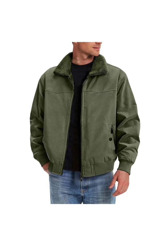 Long Jacket for Men, Men's Solid Color Long-Sleeve Lapel Double-Sided Washed Workwear Jacket with Lamb Wool-Like Lining & Pockets, Long Sleeve Hoodless Jackets