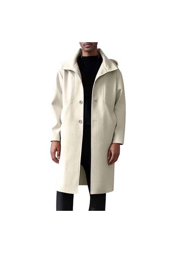 Long Jackets for Men with Lapel Hood Single Breasted Wool Blend Trench Coat Mens Warm Winter Peacoat Overcoat (2XL, Beige)