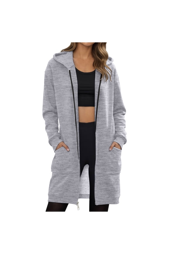 Long Jackets for Women Zip Up Hoodie Loose Fleece Mid-length Tunic Sweatshirt Casual Fall Hoody Coat with Pocket (XL, Gray 01)
