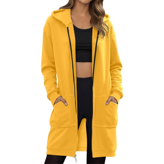 Long Jackets for Women Zip Up Hoodie Loose Fleece Mid-length Tunic Sweatshirt Casual Fall Hoody Coat with Pocket (XL, Yellow)