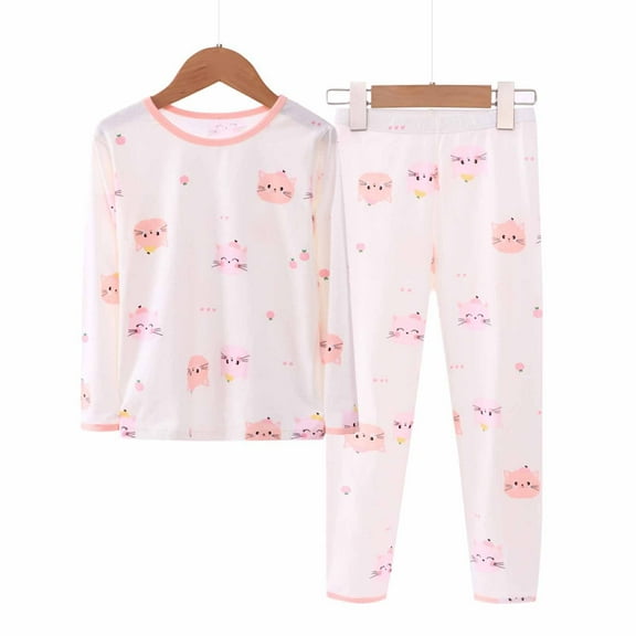 Long John Sets for Girls Cotton Cute Print T Shirt Pants Suit Home 2 Piece Fall Kids Sleepwear Pajamas Sets, White, 9 Years