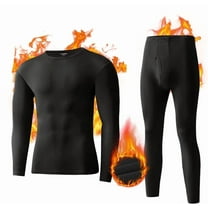 Long Johns Crewneck Thermal Underwear Set for Men Fleece Lined Winter Warm Base Layer Top & Bottom Black L