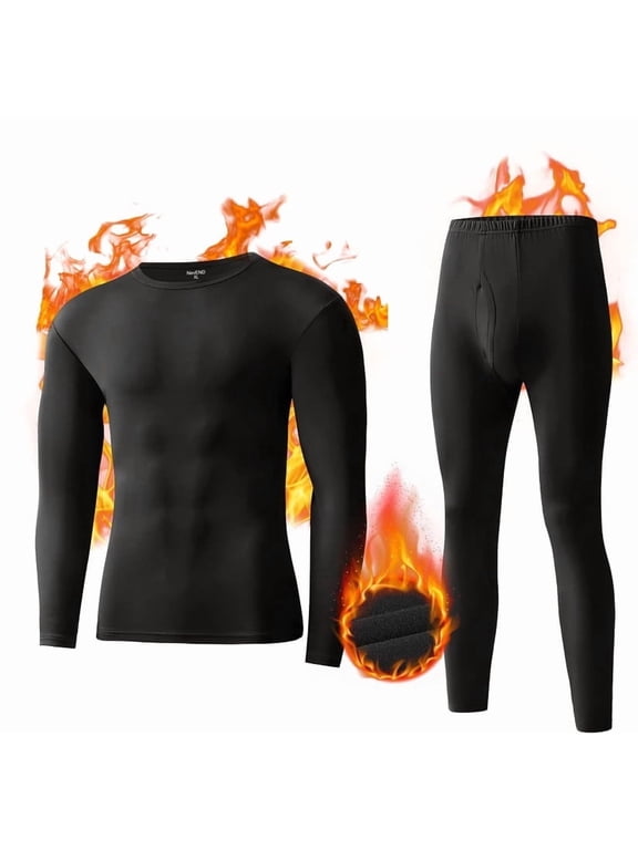 Long Johns Crewneck Thermal Underwear Set for Men Fleece Lined Winter Warm Base Layer Top & Bottom Black L