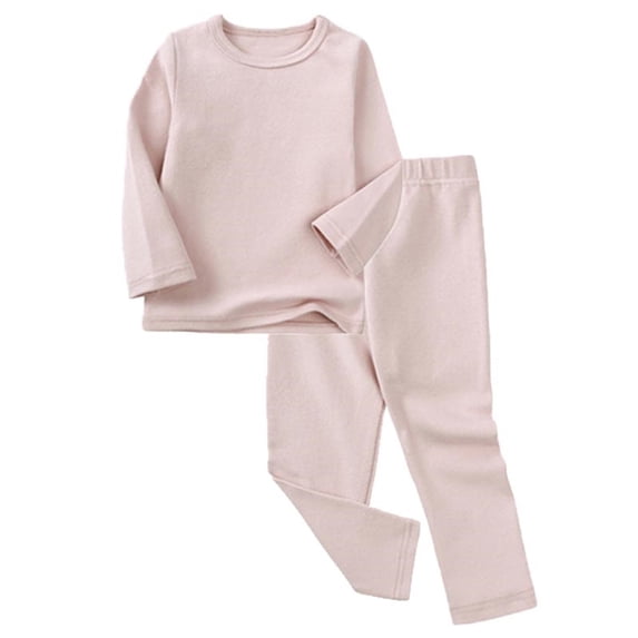 Long Johns for Kid Thermal Children's Solid Color Round Neck Long Sleeved Shirt with Elastic Waist Long Pants Home Suit Set Soft 2 Piece Lounge Set Base Layer for Children 1-9 Years