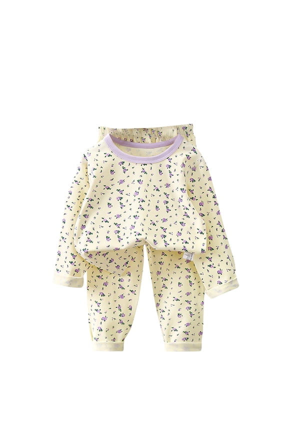 Long Johns Set Kids Boy Girl Cute Print Long Sleeve Top Pants Loungewear Sleepwear Summer 2 Piece Cotton Outfits 1-9t, Beige, 1 Years
