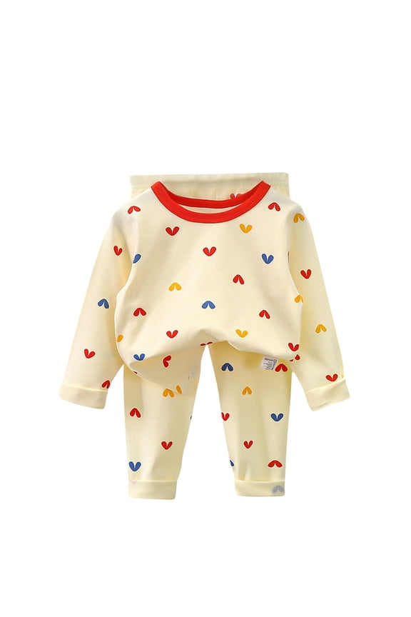 Long Johns Set Kids Boy Girl Cute Print Long Sleeve Top Pants Loungewear Sleepwear Summer 2 Piece Cotton Outfits 1-9t, Beige, 1 Years