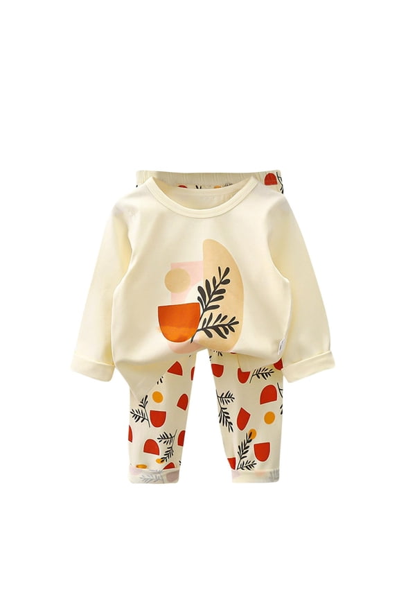 Long Johns Set Kids Boy Girl Cute Print Long Sleeve Top Pants Loungewear Sleepwear Summer 2 Piece Cotton Outfits 1-9t, Beige, 2 Years