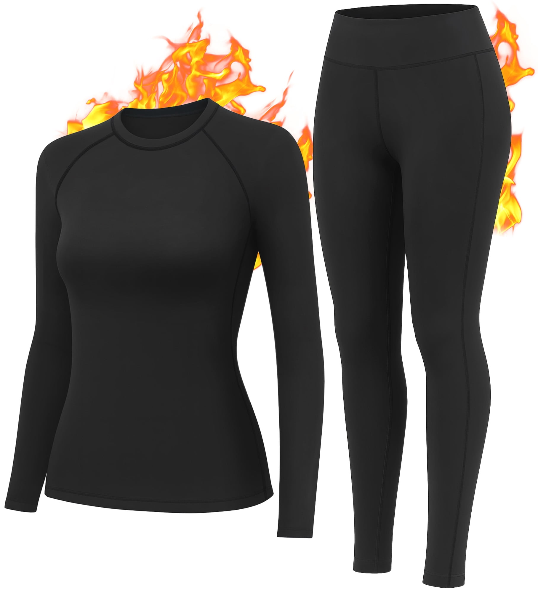 Thermal Underwear for Women Long Johns Underwear Fleece Lined Top and Bottom Thermals Sets Base Layer Warm Leggings & Long Sleeve Shirts Skiing Clothes Winter Cold Weather Black M
