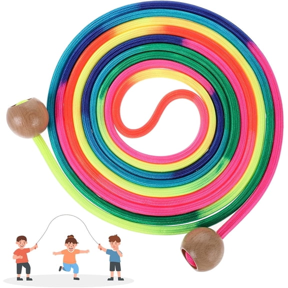 Long Jump Rope 16 FT Adjustable Skipping Rope Multiplayer Rainbow Jumping Rope with Wooden Ball Handle Outdoor Activities