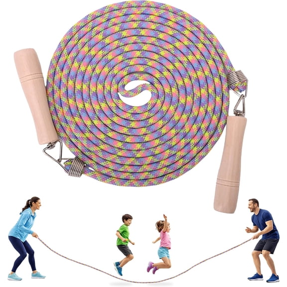 Long Jump Rope, 16ft Double Dutch Skipping Rope for Kids Adult, Group Multiplayer Jumping Rope with Wooden Handle and Cotton Rope for School, Gym & Outdoor Play