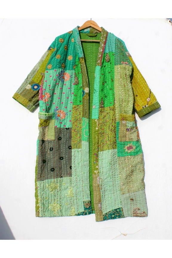 Long Kantha Kimono Coat  Handmade Cotton Patchwork Jacket, Boho Artisan Outerwear, Sustainable Fashion Piece