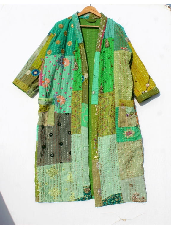 Long Kantha Kimono Coat Handmade Cotton Patchwork Jacket, Boho Artisan Outerwear, Sustainable Fashion Piece