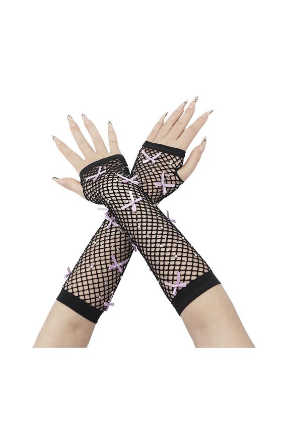 Long Keeper Rhinestone Bow Fishnet Gloves Women Long Fingerless Fish net Gloves Halloween Costume Party Concert Mesh Gloves